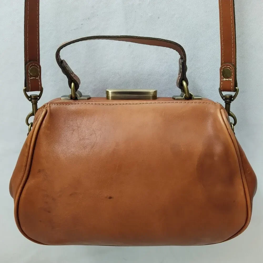 Patricia Nash Brown Leather Floral Pushlock Framed Closure Satchel Crossbody Bag